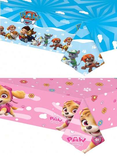 Paw Patrol 1件汪汪队主题生日派对桌布，蓝粉配色，印有天天、阿奇、莱德、毛毛的卡通图案，汪汪队主题派对桌布，非常适合生日、节日装饰，也适合圣诞节、嘉年华派对。