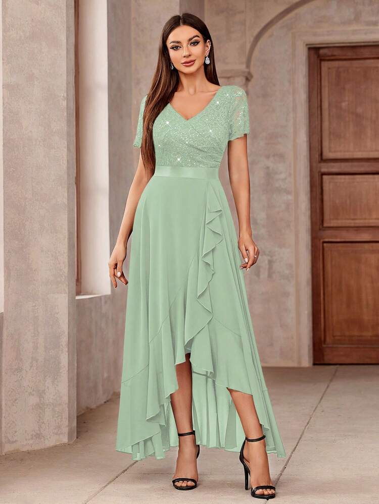MIUSOL Elegant V-Neck Sequin Floral Lace Ruffle Hem Formal Party Maxi  Dress, For Valentine's Day Wedding Spring - Product Video