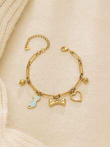 1pc Cute Dripping Kitten Bow Heart Pendant Stainless Steel Handmade Bracelet, Fashionable Design, Suitable As A Gift Bracelet For Girls, Pink, Adjustable And Detachable Bracelet. - Gold - View 5