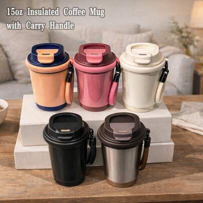 mikenda 1pc 15oz Stainless Steel Insulated Coffee Tumbler With Handle & Leak-Proof Lid, Portable Travel Mug, Keeps Drinks Hot/Cold, Thoughtful Gift For Women, Moms, Best Friends & Loved Ones, Ideal For Holidays & Birthdays