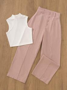 女士粉色休闲直筒裤搭配白色高领连体衣套装，适合办公室和花园穿着，春夏款 - 粉紅色和白色 - 查看 2