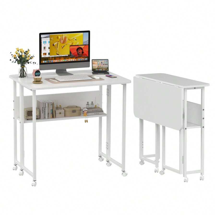 Tragbarer Klappschreibtisch mit Rollen, platzsparender Klappschreibtisch, mit Ablage, einfache Montage, 80*58*75 cm - Weiss - Übersicht 1
