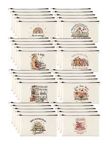 1/5pcs Floral & Book Reading Themed Canvas Zipper Storage Bags Set, Creative "You're Awesome" Motivational Gift, Suitable For Back To School, Graduation, Travel, Birthday, Anniversary, Teacher's Day, Appreciation Gifts For Classmates, Friends, Students And Teachers Makeup Bag - Beige - View 12