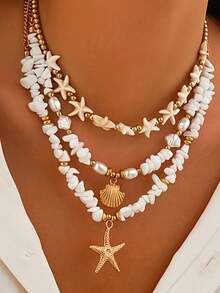 3pcs Bohemian Beach Vacation Personalized Random Pebble, CCB Faux Pearl, Turquoise, Starfish, Shell Pendant Necklace Set - White - View 1