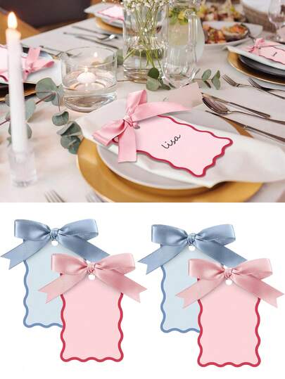 12pcs Shell Shaped Name Cards With Ribbons, DIY Wedding Table Cards, DIY Pink Label Handwritten Party Gift Cards, Birthday Gift Cards With Ribbons, Suitable For Desk Setting, DIY Wedding Cards, Birthday Party, Party Supplies (Blue & Pink)