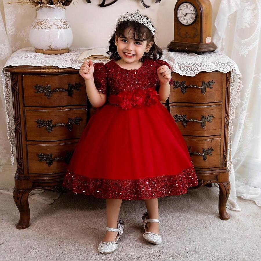 Pink Kids Clothes 2116 Big Bow 3D Flower Girls Frock Tulle Sequins Ball Gown Pageant Children Elegant Princess Prom Host Formal Evening Party Cocktail Dress 0-4Y - 紅色 - 查看 1