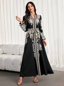 女士优雅浪漫复古印花长款衬衫裙 - 修身V领，收腰设计，是春夏度假和日常穿着的理想之选