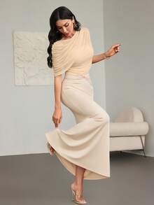 Women's Elegant One-Shoulder Ruched Bodycon Maxi Dress - Beige Summer Party Evening Formal Dress