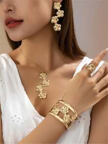 Set de 3 piezas/5 piezas de joyería con collar, aretes, pulsera y anillo con diseño de flor de 5 pétalos y mariposa, elegante y dulce para mujeres - 2 Amarillo dorado - Ver 14