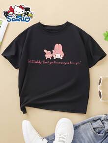 Sanrio Authorized The Lovely My Melody Printed T-Shirt, Fashionable Children's Short-Sleeved Shirt, Elastic And Breathable, Suitable For Outdoor Leisure Sports In Summer, Creative Printed Design Before And After, A Birthday Gift That Girls Like. - 黑色 - 查看 3