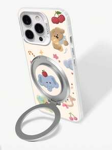 1pc Cute Cartoon Elephant Pattern Full Coverage Yellow Plated Phone Case With Finger Ring Holder Metal Stand, Compatible With IPhone 11/12/13/14/15/16/17/Pro Max - Yellow - View 4