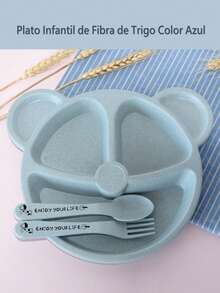 Set de Plato Infantil de Fibra de Trigo, Ecológico y Natural, con Divisiones, Libre de BPA y Metal, Incluye Cucharita y Tenedor para Bebés y Niños - Azul - Ver 5