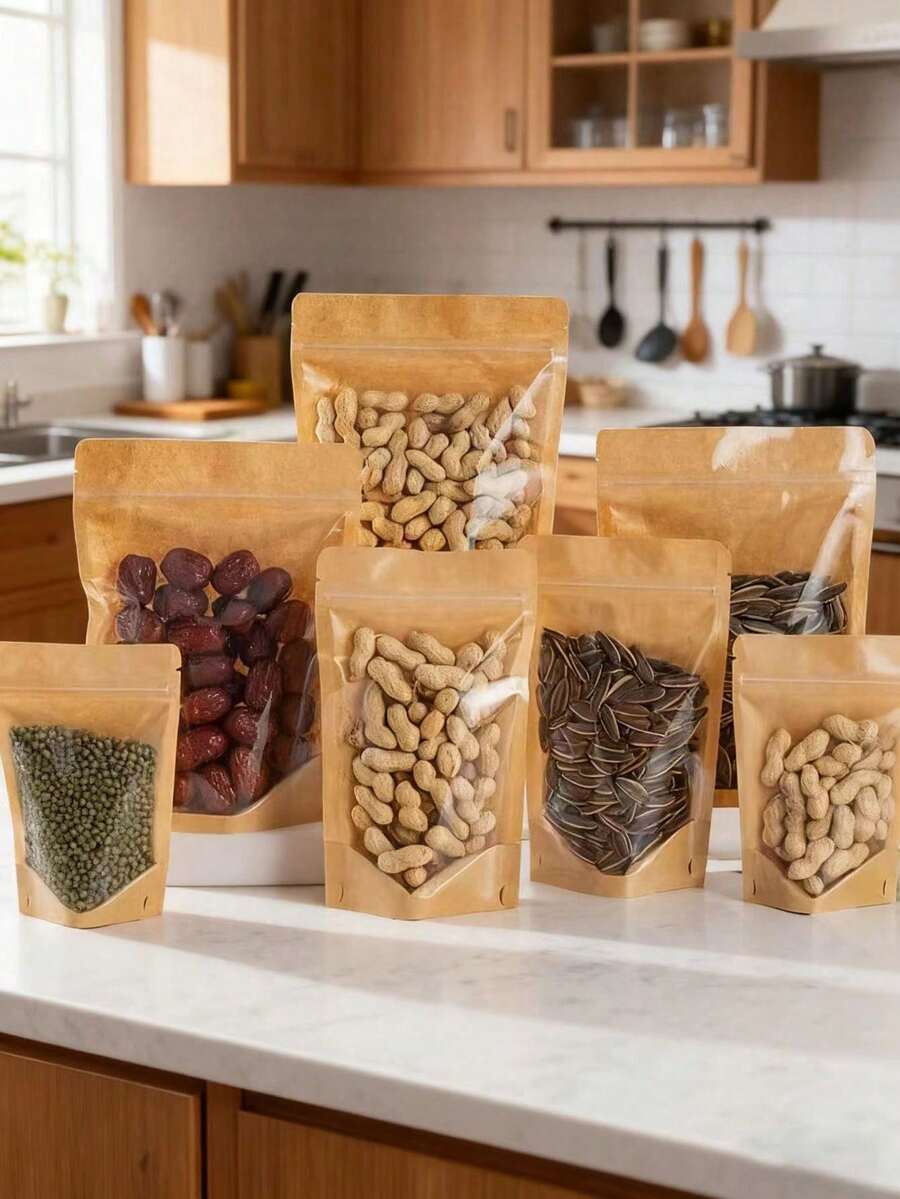 50个透明前开口牛皮纸自立拉链袋，可重复密封食品保鲜袋，带透明窗口 - 非常适合存放零食、糖果、坚果、咖啡 - 密封设计，保鲜省空间，方便整理食品储藏室和厨房，简约包装，是家庭厨师、上班族、送礼和圣诞节的理想之选。 - 彩色 - 查看 1