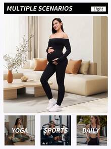 一件式孕妇连体衣，白色细肩带撞色设计，高弹力运动连体衣，无缝针织技术，全天舒适贴身，弹力面料包裹腹部，适合瑜伽/旅行/休闲/健身