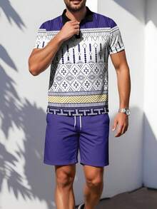 男士几何印花短袖 Polo 衫和短裤套装 - 彩色 - 查看 3