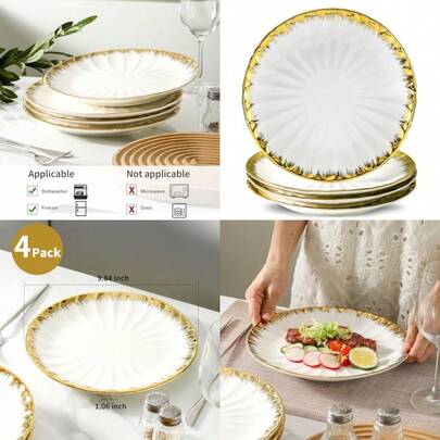 Dinner Plates Ceramic Dinner Plates Set Of 4 White Dinner Plate With Gold Rim 10 Inch Dinnerware Dish Set For Kitchen Round Salad-Plates Dert Appetizer Plate Serving Dishes For Parties