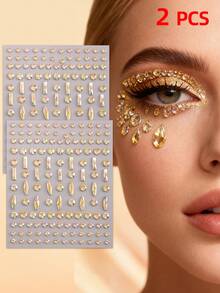 1/2PCS 3D Face Rhinestone Stickers,Golden Tear&Color Pendant Crystal Tear Eye Rhinestone Bright Party Makeup Decoration, Y2K Music Festival Flash Accessories, Jewel Decor For Face, Body, Nail, Hair,Suitable For Women Dating Use,Concert Look,Face Gems - Gold - View 15