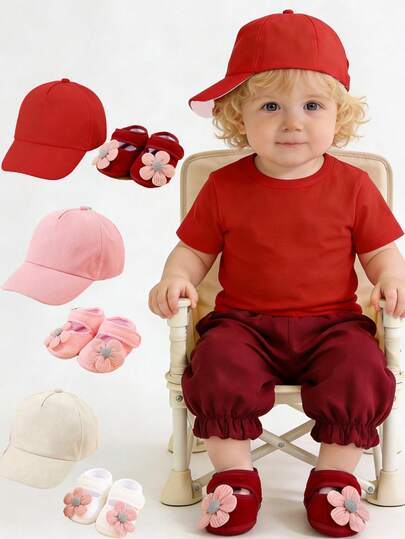 1 Set Baby Baseball Cap And Socks, Solid Color Adjustable Baseball Cap Suitable For Infant And Toddler Boys And Girls, Casual Home Wear