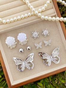 10pcs Cute Silver Rhinestone Butterfly, Snowflake, Rose Flower, Small Butterfly Hollow Shoe Decorations DIY Accessories - Fun, Versatile Personalized Shoe Embellishments, Perfect Gifts For Holidays, Parties And Special Occasions - Silver - View 6