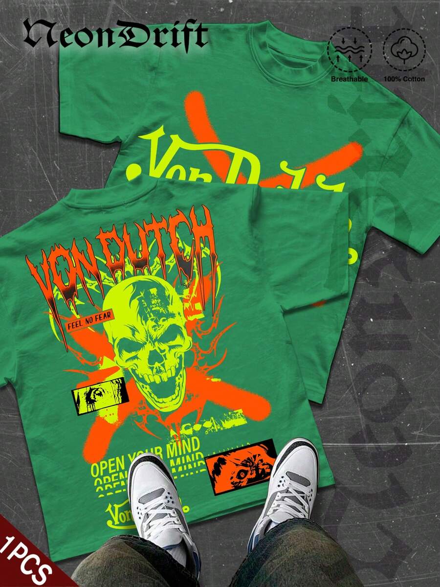 NeonDrift Double-Sided Printing Men's T-Shirt Men's Short-Sleeve T-Shirt100% Cotton Fabric Soft & Skin-Friendly Unisex Style Gifts For Spring Festival, Valentine's Day, St. Patrick's Day & World Cup- Skull And Crossbones Green T Shirt Streetwear Punk Rock Style Breathable Cotton Men's Casual Tee For Music Festivals And Urban Fashion Lovers - màu xanh lá - Xem 1