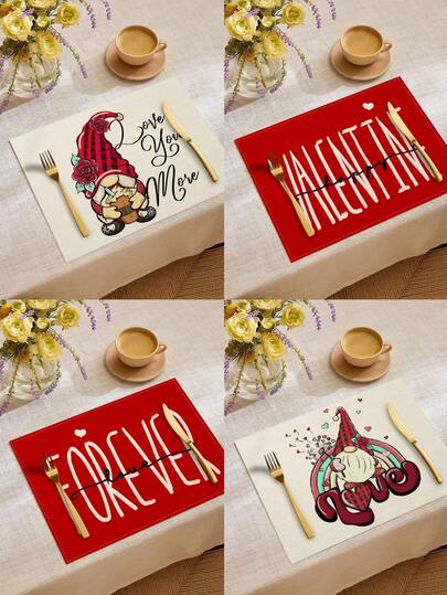 1pc/4pcs/6pcs/60pcs Polyester Valentine's Day Love Heart Elf Placemats, Dirt-Resistant, Suitable For Home, Restaurant, Dining Table Decor, Housewarming, Birthday Gifts