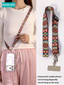 Koolife 1pc Adjustable Long Crossbody Phone Lanyard, Vintage Totem Wide Fabric Strap With Rotatable Metal Clip, Fashionable Versatile Durable Non-Chafing Accessory, Hands-Free For Daily Errands Outdoor Travel, Fit For Women's Phone Shoulder/Neck Hanging & Small Wallet Compatible With Android And Most Smartphone,Gifts For Mother, Family, Friends, Birthday, Holiday Phone Chain - Multicolor - View 3