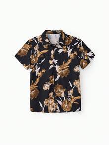 Family Matching Sets Black Floral Shirt Or V Neck Irregular Hem Ruffle Trim Strap Dress With Hidden Snap - 黑色 - 查看 3