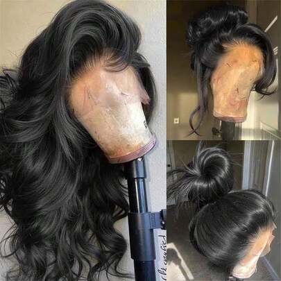 13*4 34英寸真人巴西发蕾丝前额假发，女士专用，预先拔毛，长款自然波浪卷发，13x4蕾丝前额假发，真人混纺发假发，蕾丝闭合，无胶假发，自然黑色，适合各种场合，可作为女士礼物