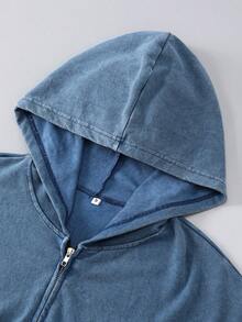 Washed Men's Airplane Print Zip-Up Hooded Casual Sweatshirt - Navy Blue - View 3