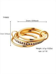 TONSI 1pc Fashionable Minimalist Multi-Layer 18K Gold Plated Stainless Steel Ring Set, Versatile Stackable Rings With Cubic Zirconia Four-Leaf Flower Design, Suitable For Women's Daily, Commute, Party Wear