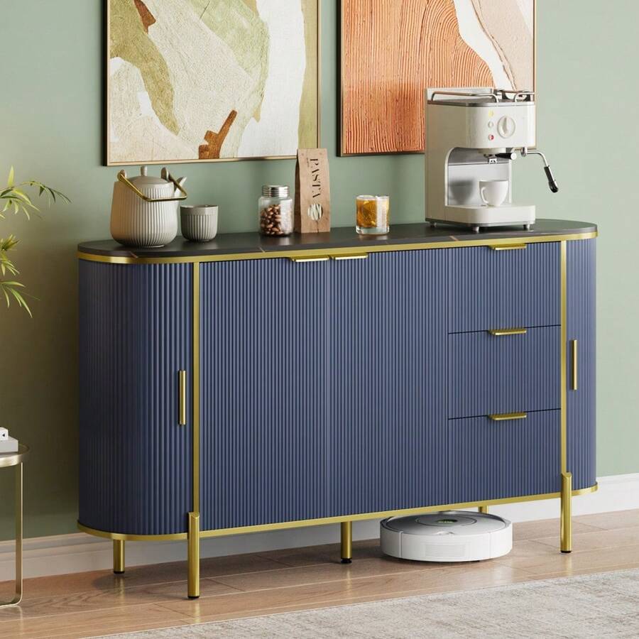 clóset Buffet con Almacenamiento, Moderno clóset de Almacenamiento Credenza Estriado de 60 Pulgadas con Parte Superior de mármol sintético, 2 Puertas correderas de Perfil Curvado y 3 cajones - Azul - Ver 1