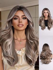 Peluca de fibra sintética marrón mezclada con flequillo para mujer, hecha de material de fibra resistente al calor, diseño de estilo vacacional con redecilla de rosa, adecuada para ocasiones para principiantes - Marrón degradado - Ver 11