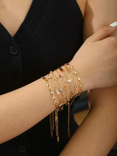 TONSI 1 pieza Brazalete de joyería elegante y de lujo, de acero inoxidable chapado en oro de 18 quilates con circonita incrustada, con diseño geométrico, flor de cuatro hojas y símbolo del infinito, hipoalergénico y versátil, adecuado para uso diario, viajes y reuniones