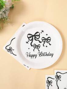 Black Bowknot Theme Party Tableware Set, Disposable Tableware For Bow Birthday Party Decoration,Newborn Baby Party Dining Table Decor,Baby Shower Decoration,Happy Birthday Party Supplies,Disposable Paper Plates,Paper Cups,Paper Napkins,Gender Reveal Decoration,Baby Shower Party Decoration - Black Bow - View 4