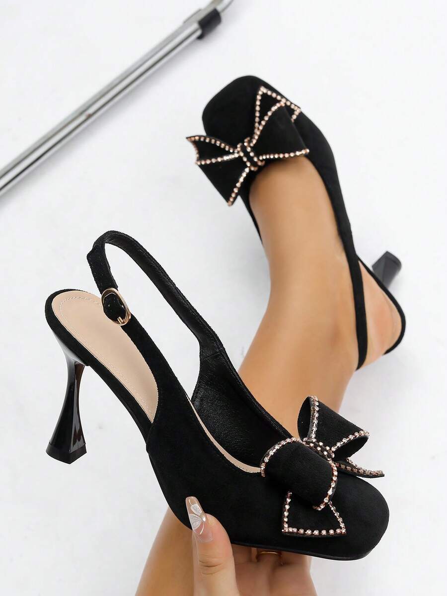 Women's High Heel Round Toe Fashion Rhinestone Bow Tie Black Backstrap Open Heel Pumps - Black - View 1