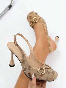 女士复古花卉刺绣露趾金属扣套脚高跟鞋 - 杏色 - 查看 1