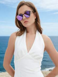 1 Par de Óculos de Moda Estilo Olho de Gato com Metal Espelhado para Mulheres, Óculos de Moda Elegantes e Retrô Minimalistas, Novos Óculos da Moda, Óculos de Moda Vintage Redondos e Coloridos de Alta Qualidade - Multicolorido - Visão 1