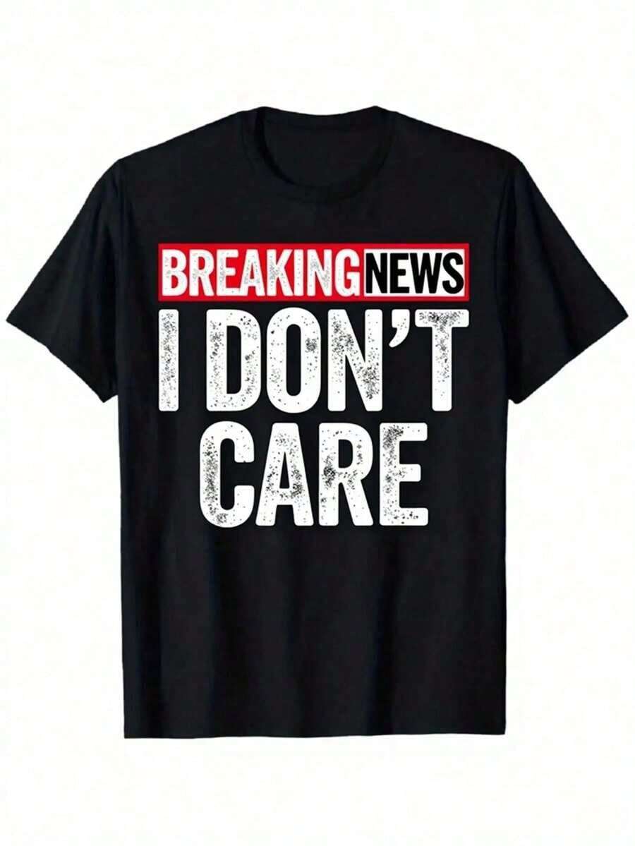 Men's T-Shirt, 180 G/M² - Graphic Print "Breaking News, I Don't Care", Black With White And Red Lettering, Soft Elastic Crew Neck, Short Sleeve, Casual Urban Style - 黑色 - 查看 1