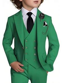 Stylish Boys 4 Piece Slim Fit One Button Formal Suit Set With Tie For Wedding Prom Party - Green - View 1