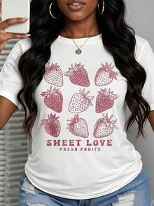 Strawberry Print T-Shirt White Sweet Love Fresh Fruits Graphic Tee Women Casual Summer Outfit Top - 白色 - 查看 2