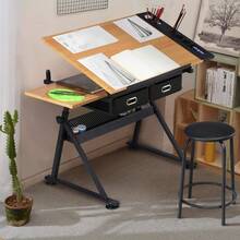 Height Adjustable Drafting Table Drawing Table Artist Desk Tilting Tabletop Art Craft Desk Watercolor Paintings Sketching Work Station W/2 Storage Drawers And Stool For Home Office - 杏色 - 查看 4