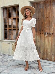 Floral Dress, Evangelical Fashion, Straight Neckline, Embroidered, Long, Lined, With Elastic Waist, Short Sleeves, Tie Detail, Elegant For Parties - 白色 - 查看 1