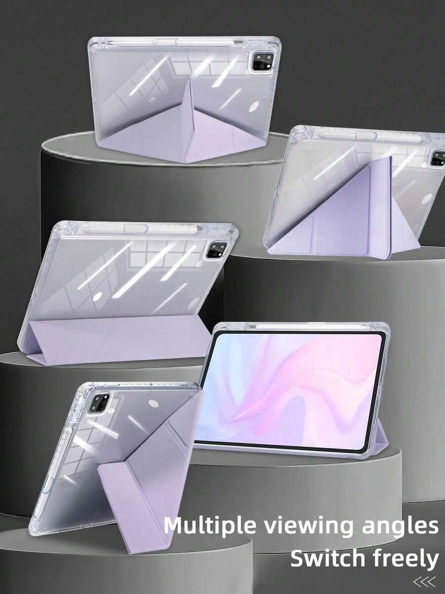 1pc Transparent Acrylic Y-Fold Flat Protective Case, Lavender Purple, Multi-Fold Multi-Angle Stand, Built-In Pencil Slot, High-Transparency Acrylic Rear Shell Anti-Scratch Anti-Bend, Magnetic Auto Sleep/Wake/Smart Power Saving, Minimalist/Casual/Classic, Suitable Compatible With Ipad Mini 6/Mini 7/9.7/10.2/10.5/Air 4/Air 5/10th/10.9/Pro 11"/Air 11"(M2)/Air 13"(M2)/Pro 11"(M4)/Pro 13"(M4) 2024 12.9"/IPad Air 13"(M3 2025) - Taro Purple - View 1