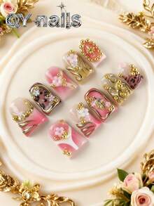 10片/套 鸭子造型美甲贴片，中号，冬季美甲，可爱风格，可拆卸，适合派对、舞蹈、日常佩戴、学生聚会、上班族角色扮演，按压式可重复使用，附赠果冻胶和指甲锉等美甲用品 - 粉色 - 查看 12