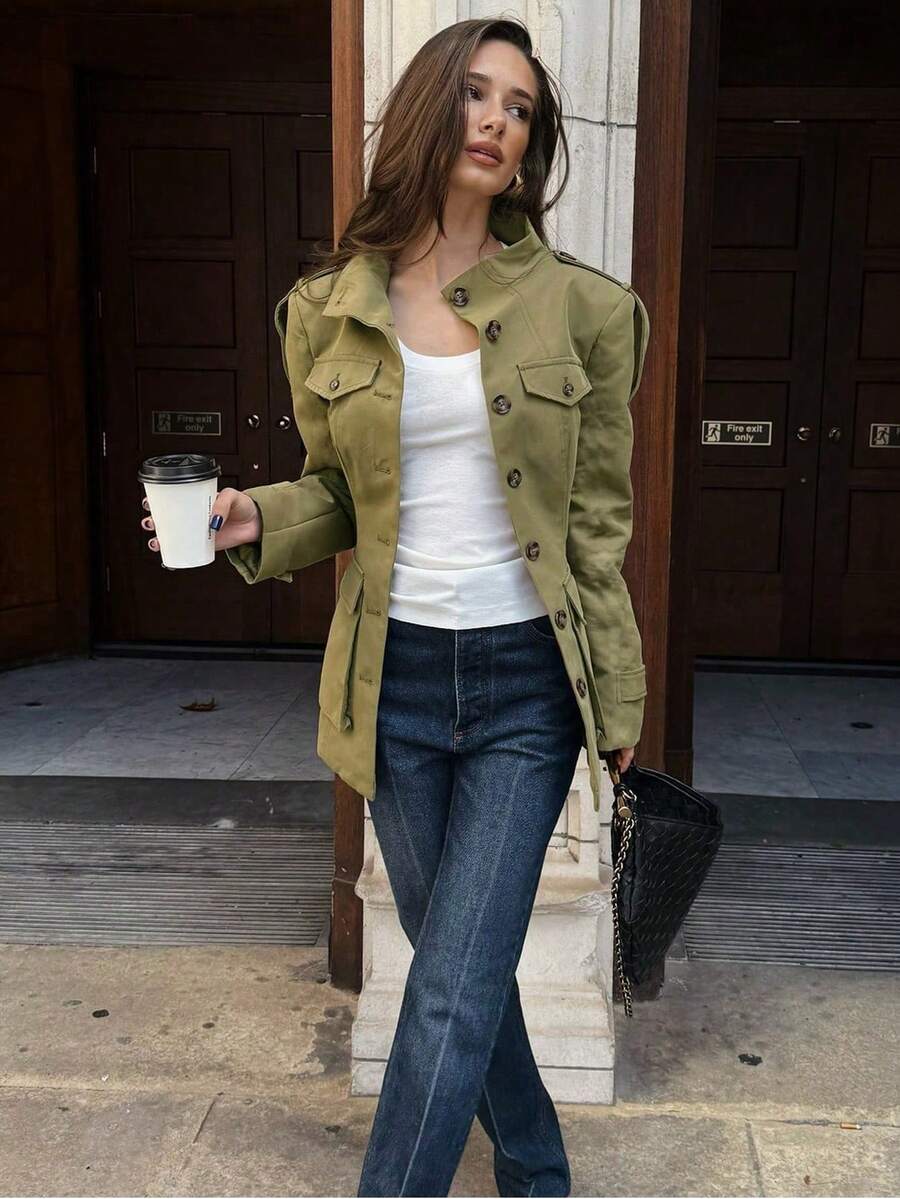 Women's Khaki Bomber Jacket, Casual Long Windbreaker For Autumn/Winter, Button-Up Long Sleeve Street Style Outerwear - Olive Green - View 1