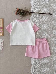 Set de 2 piezas de camiseta de manga corta con estampado de palomitas de maíz + pantalones cortos rosas, informal y dulce para niña bebé, primavera/verano - Rosa - Ver 9