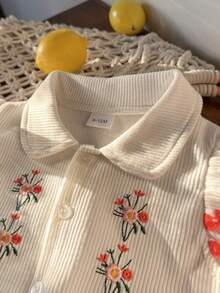 Girls' Fashion Cloud Embroidery Button-Up Short Sleeve Shirt With Orange Flared Pants 2 Pieces Set - Burnt Orange - View 3