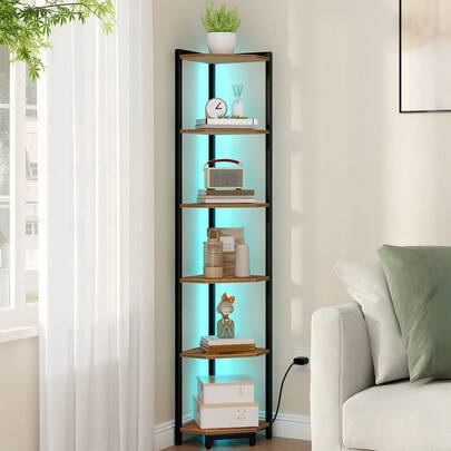 Corner Shelf With LED Light, 6-Tier Corner Bookshelf, Tall Narrow Display Bookcase With Metal Frame, Standing Shelf For Small Space, Living Room, Home Office, Bedroom, Rustic Brown