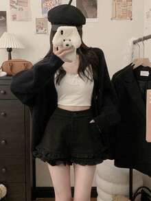 Women's Ruffle Waist + Pocket Design Fleece Shorts, Casual Home Wear/Soft Girl Streetwear, Relaxed Fit Basic Black Comfortable Pants, Autumn/Winter