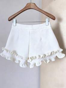 Women's Ruffle Waistband Shorts With Pockets, Basic Loose Comfortable Casual Pants White Summer - White - View 7
